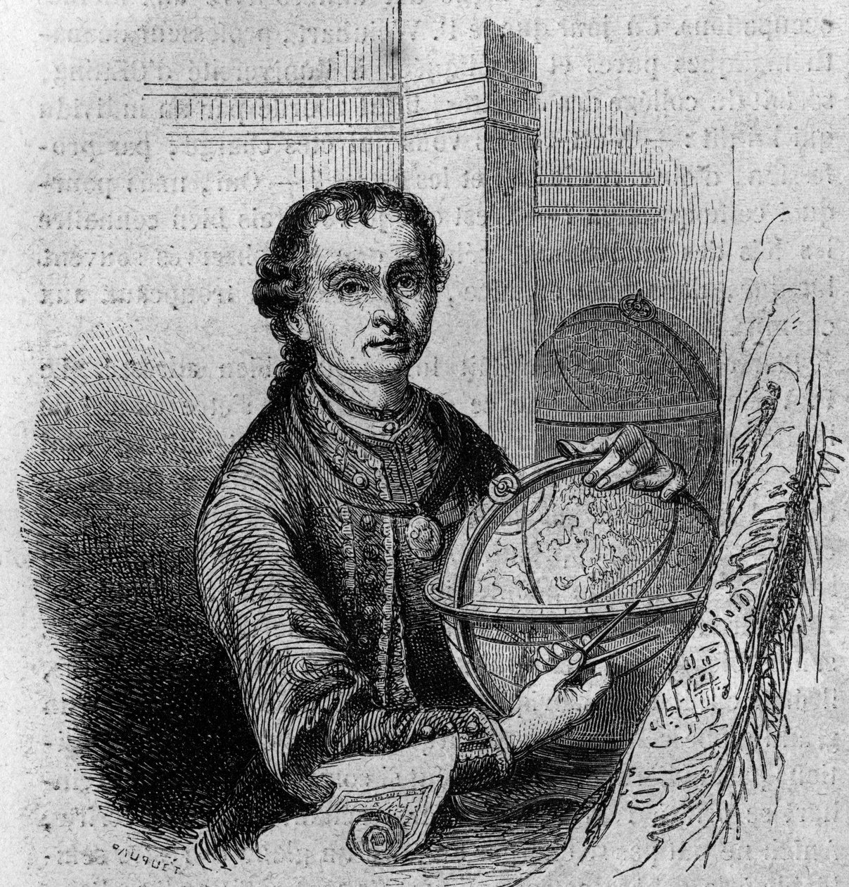 Porträt von Peter Anich (1723-1766), Tiroler Astronom und Kartograph, hält einen Globus und einen Kompass. Gravur in „Le Magasin pittoresque“ von French School