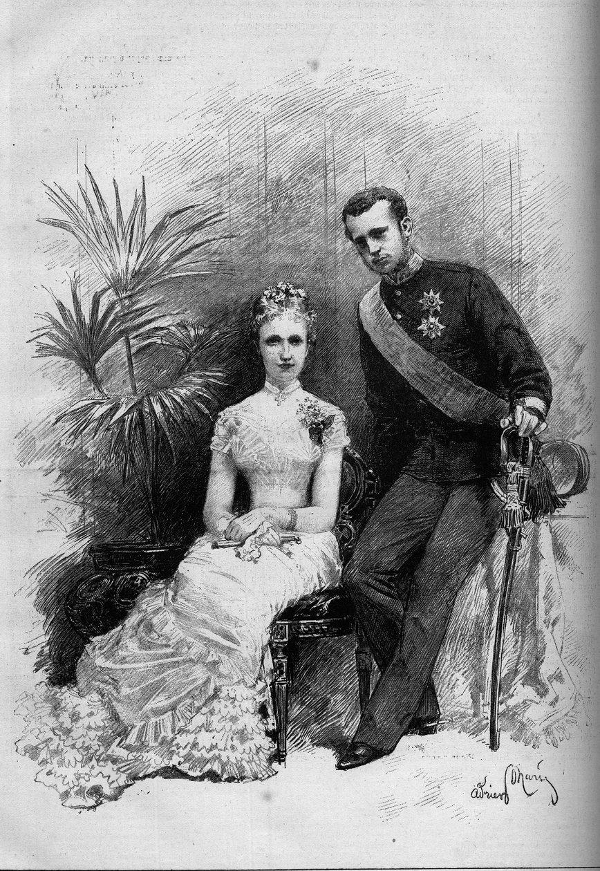 Porträt von Prinzessin Stephanie von Belgien (1864-1945) und Erzherzog Rodolphe von Österreich (1858-1889). Gravur in "Le Monde Illustré" Nr. 1209 vom 29. Mai 1880 von French School