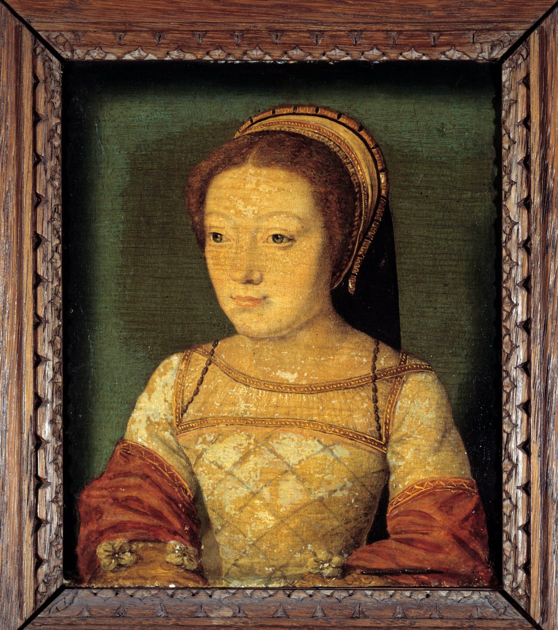 Porträt von Renée von Frankreich, Tochter von Ludwig XII., Herzogin von Ferrara (1510 - 1575). Öl auf Holz, anonymes Gemälde. Französische Schule des 16. Jahrhunderts von French School
