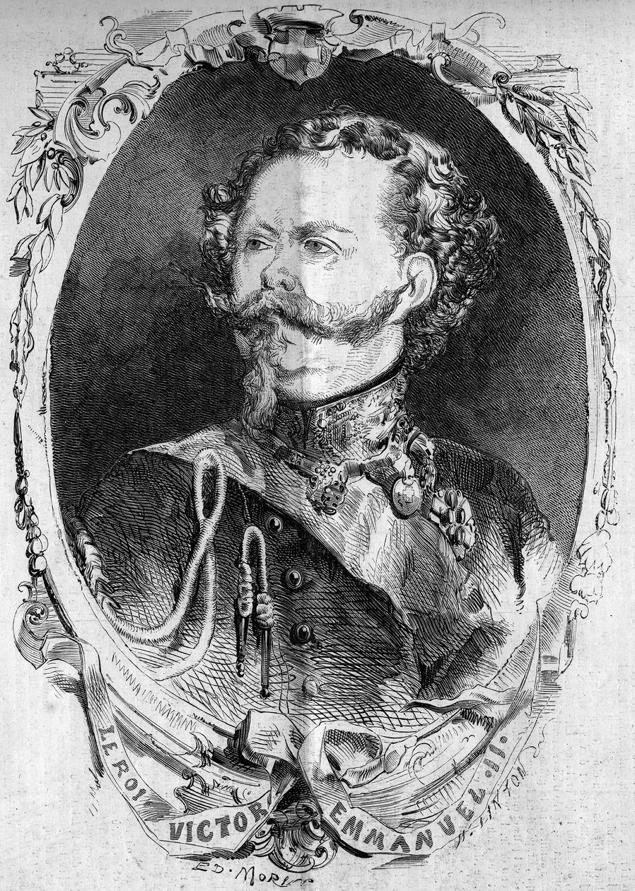Porträt von Victor Emmanuel II (Vittorio Emanuele) (Victor-Emmanuel) (1820-1878), König von Sardinien und zukünftiger König von Italien. Gravur in „Le Monde Illustré“ Nr. 95 vom 5. Februar 1859. von French School