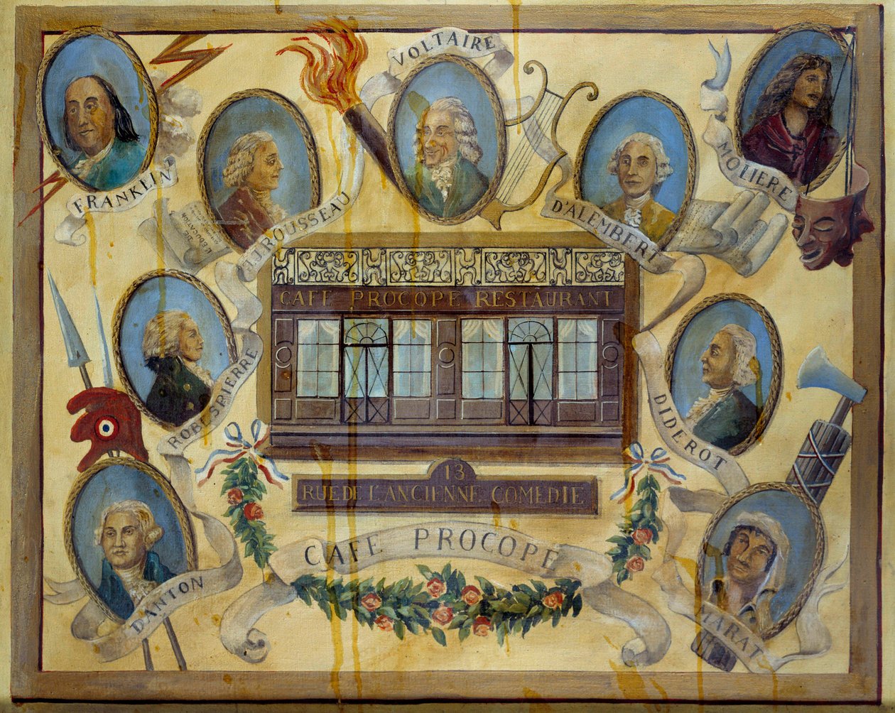 Porträt historischer Persönlichkeiten und Ansicht des Pariser Cafés Le Procope: Benjamin Franklin, Jean Jacques Rousseau, Voltaire, Jean D