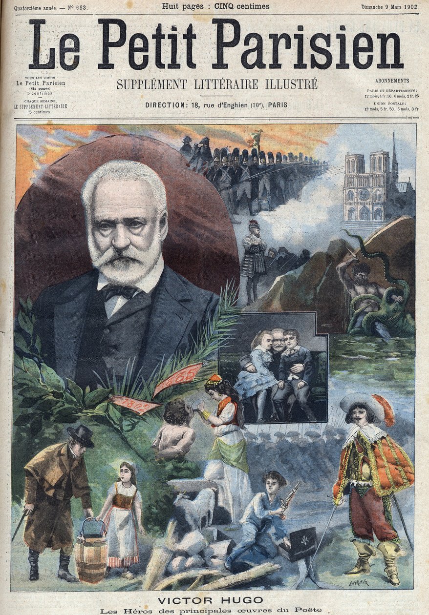 Porträt des französischen Schriftstellers Victor Hugo (1802-1885) mit Illustrationen seiner Hauptwerke. Gravur in "Le Petit Parisien" von French School