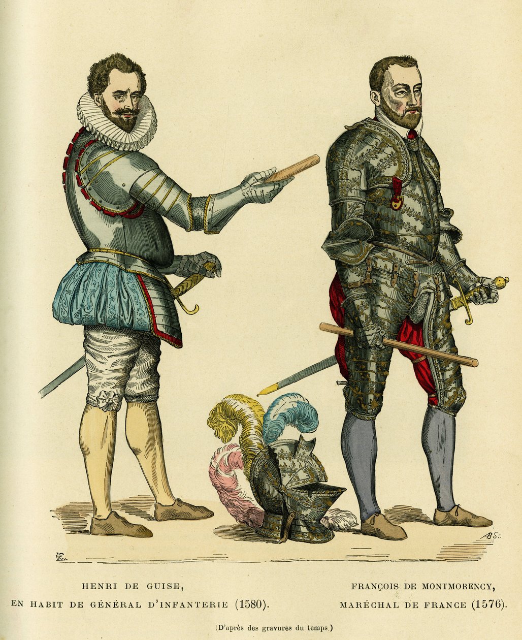 Porträts von Henri I de Guise, genannt der Balafré (1549-1588) im Mantel des Infanteriegenerals 1580 und von François de Montmorency (1530-1579), Marschall von Frankreich um 1576. Farbige Gravur, in „Frankreich und die Franzosen durch die Jahrhunderte“ von von French School