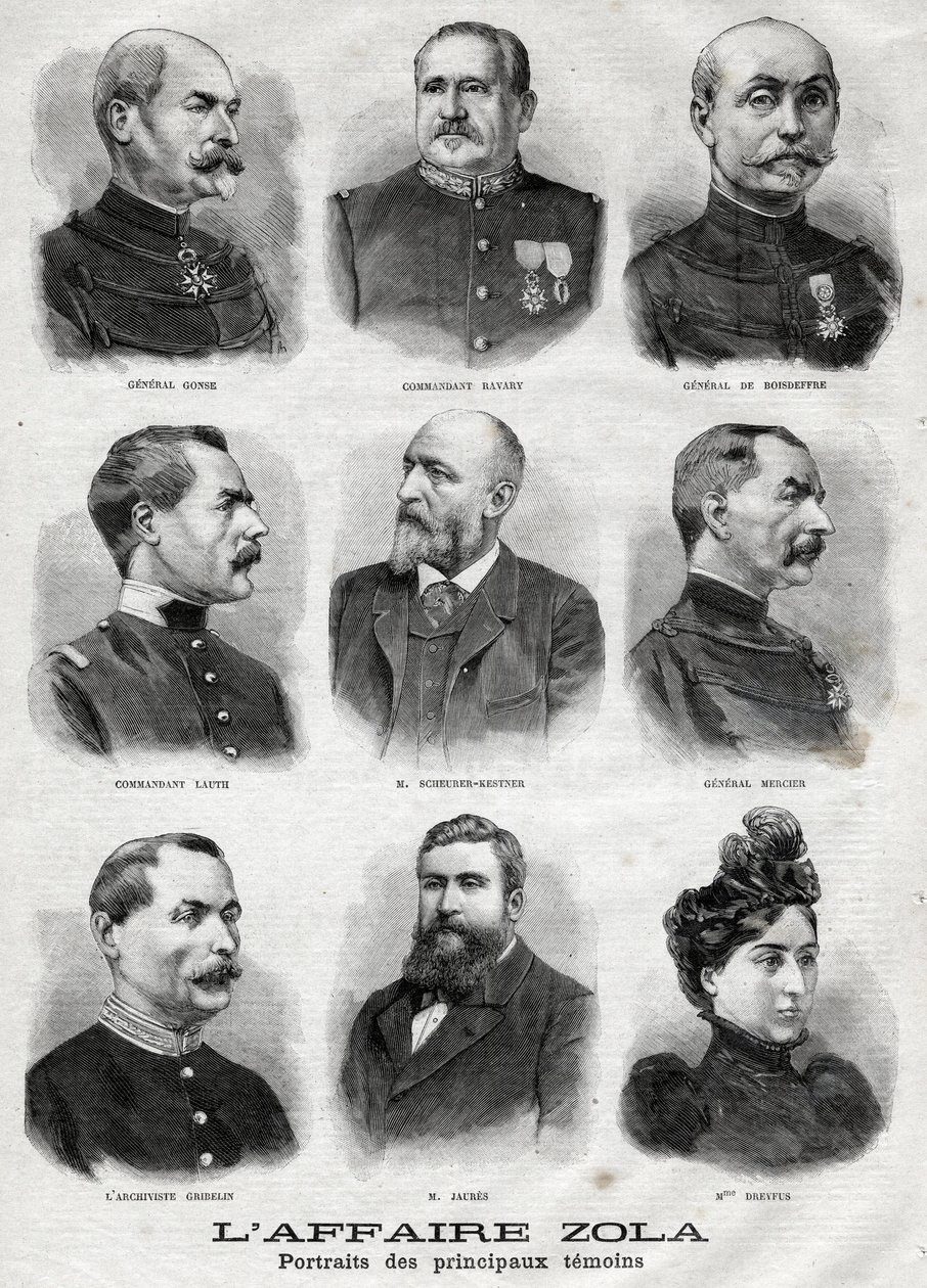 Porträts der Hauptzeugen in der Dreyfus-Zola-Affäre in „Le Petit Journal“, 27. Februar von French School