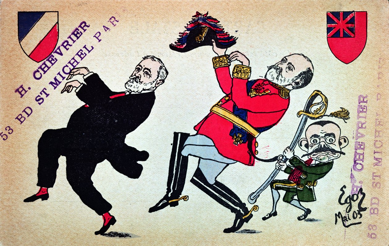 Postkarte, die Präsident Loubet (1838-1929), König Edward VII. (1841-1910) und Theophile Delcasse (1852-1923) zeigt, Mai 1903 von French School