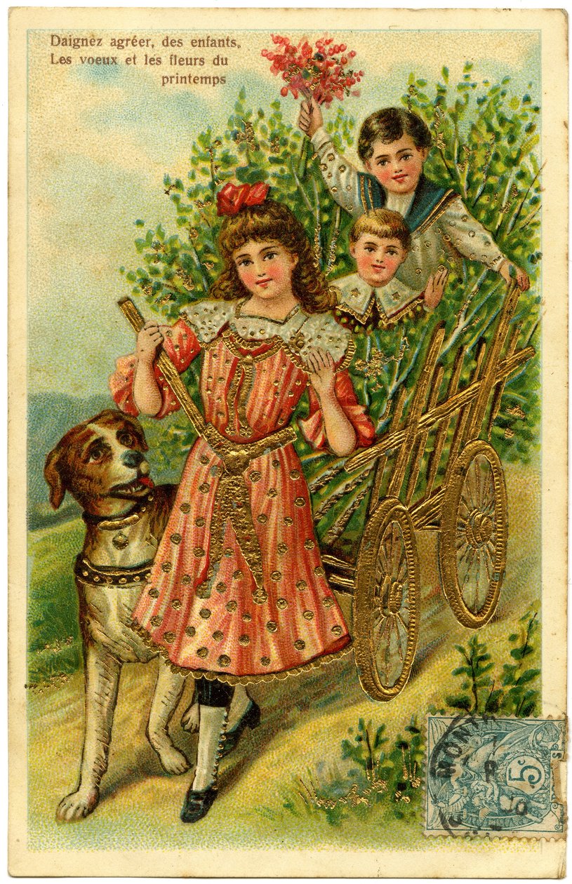 Postkarte, bitte akzeptieren Sie, Kinderwünsche und Frühlingsblumen von French School