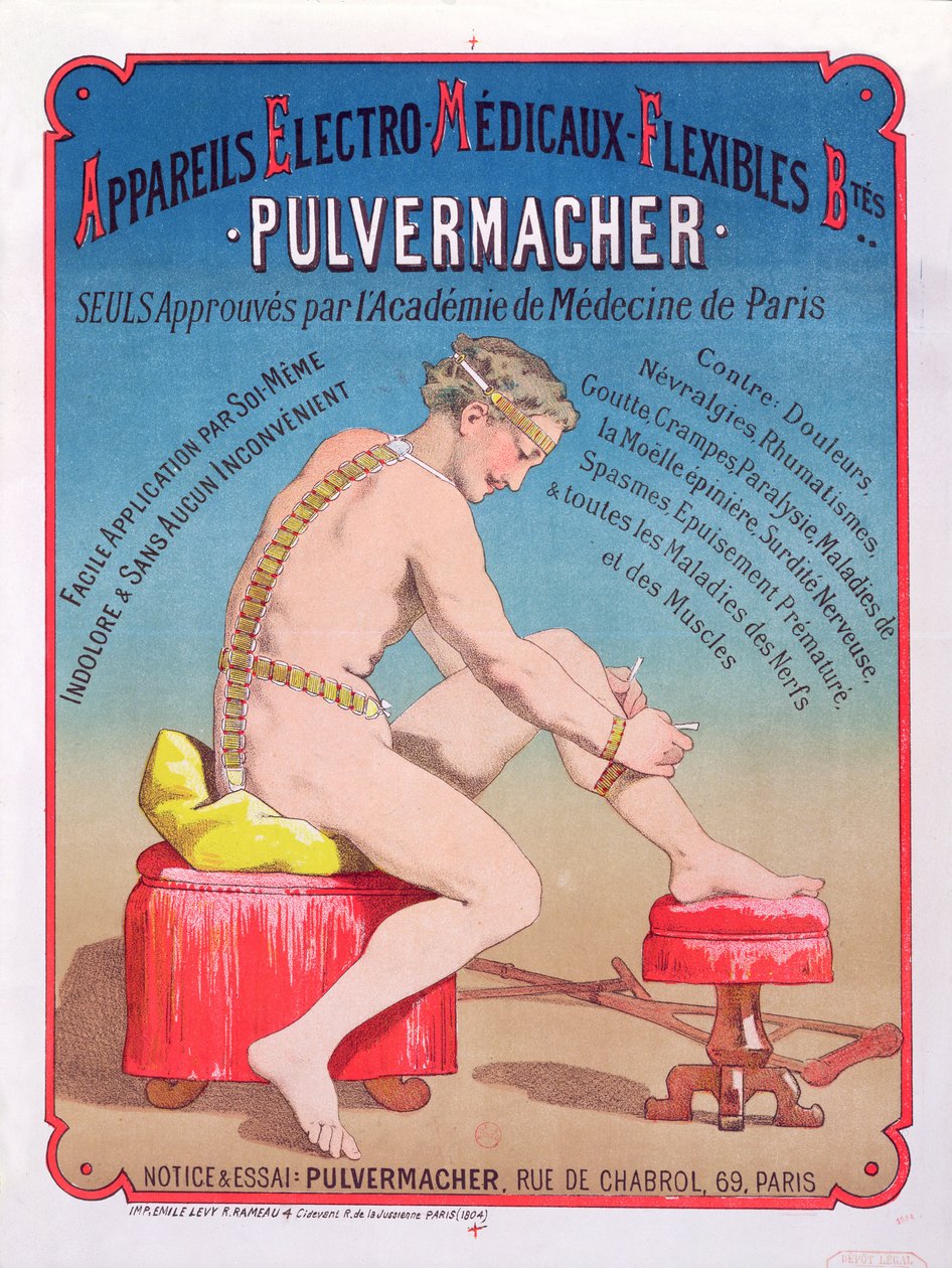 Plakat, das eine Elektro-Medizinische Körpermassage- und Stimulationsmaschine Pulvermacher bewirbt, 1884 von French School