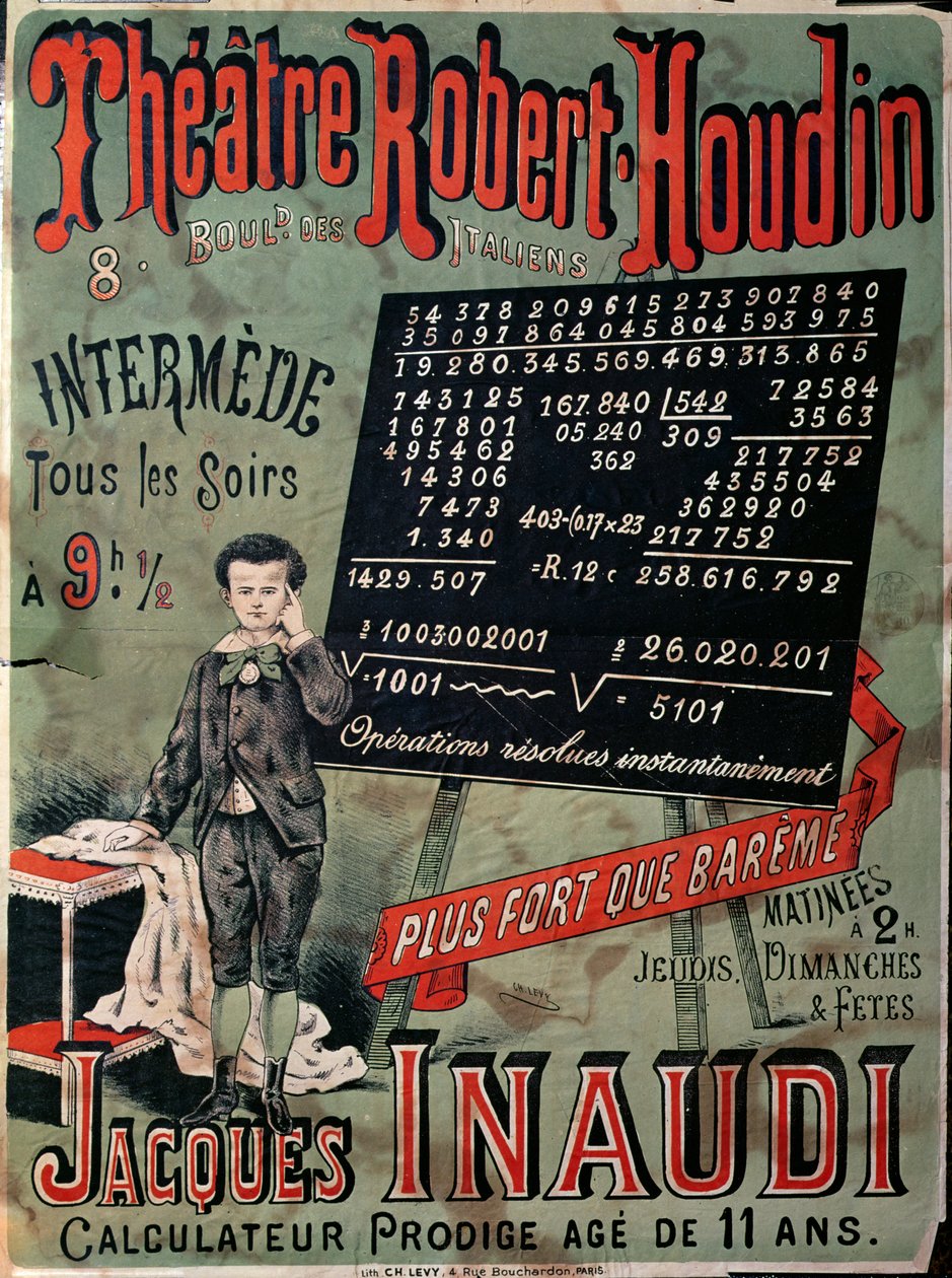 Plakat, das einen Auftritt von Jacques Inaudi (1867-1939) im Théâtre Robert Houdin, Paris, 1878, bewirbt von French School