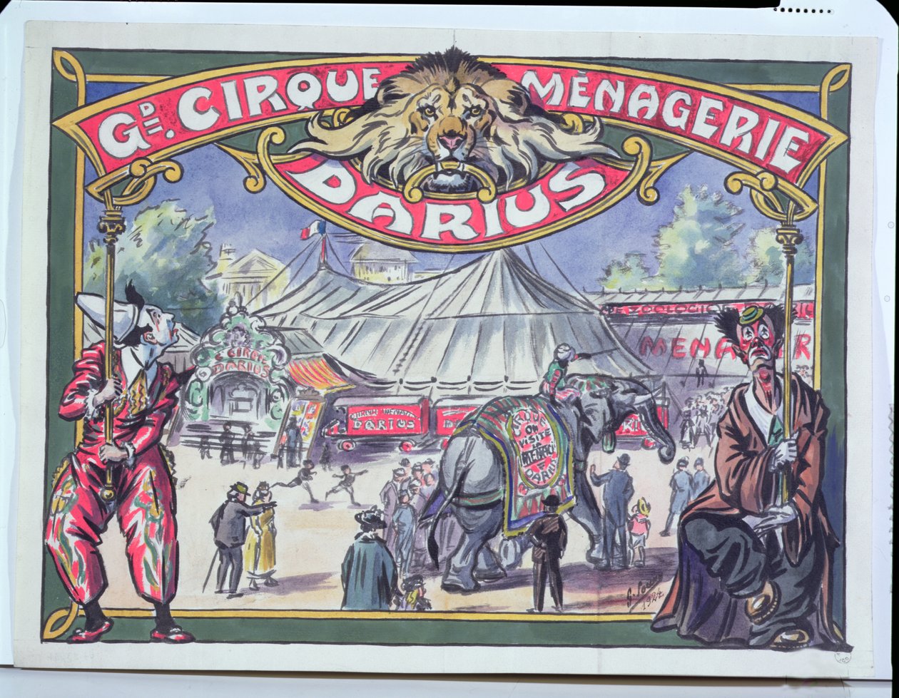 Plakat, das den Grand Cirque Menagerie Darius, 1924 bewirbt von French School