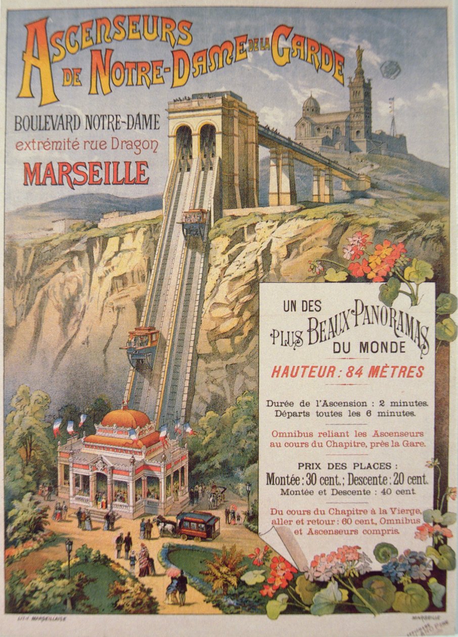 Plakat, das den Aufzug von Notre-Dame de la Garde, Marseille, um 1900 bewirbt von French School