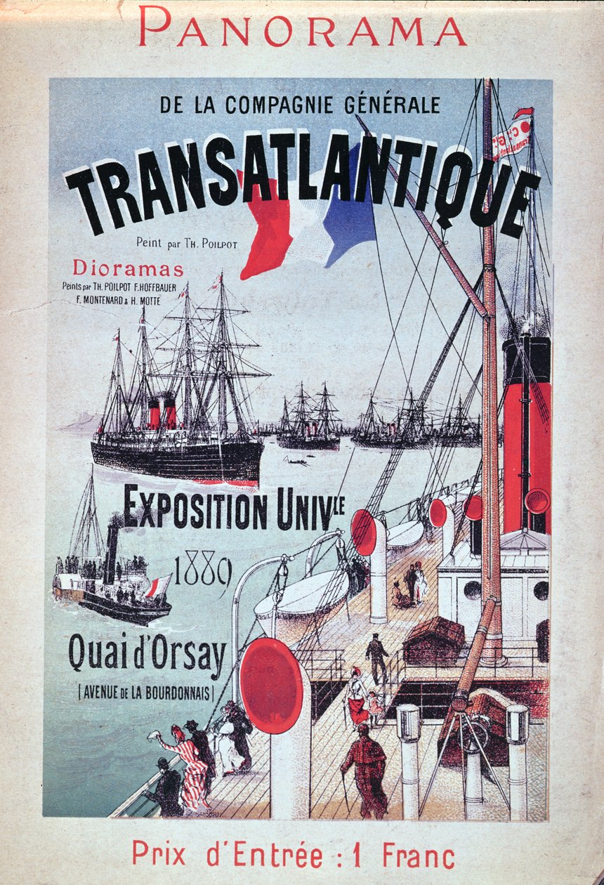 Plakat zur Werbung für den Stand der Compagnie Generale Transatlantique auf der Weltausstellung, 1889 von French School
