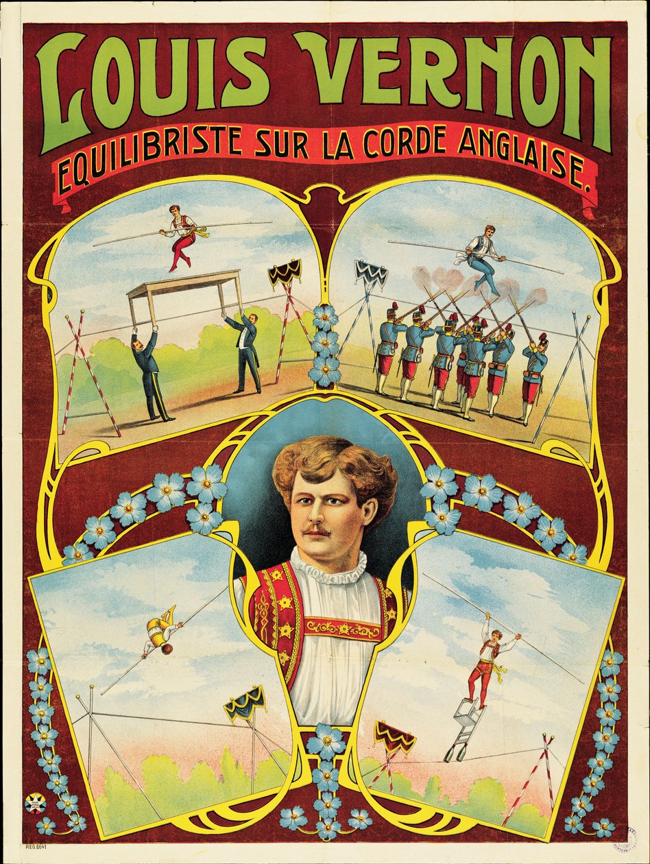 Plakat, das Seiltanzvorführungen von Louis Vernon bewirbt von French School