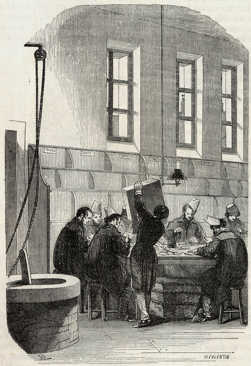 Post: Sortierung der Briefe für Abteilungen und Ausland - Gravur in „Tableau-de-Paris“ von Edmond Texier 1852 von French School