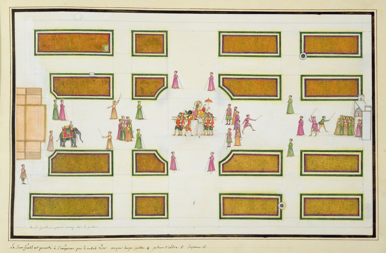 Präsentation von Gentil durch Nawab Shuja ud-Daula an Kaiser Shah Alam im Angur Bagh aus dem Gentil-Album, veröffentlicht 1774 von French School