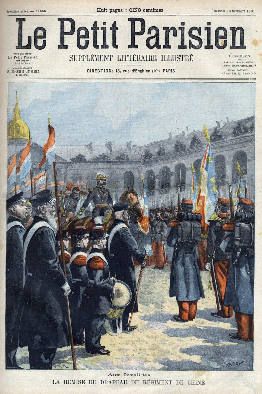 Übergabe der Fahne des China-Regiments durch General Faure-Biguet an General Arnoux, Gouverneur der Invalides in Paris, in „Le Petit Parisien“ 1901 (Gravur) von French School