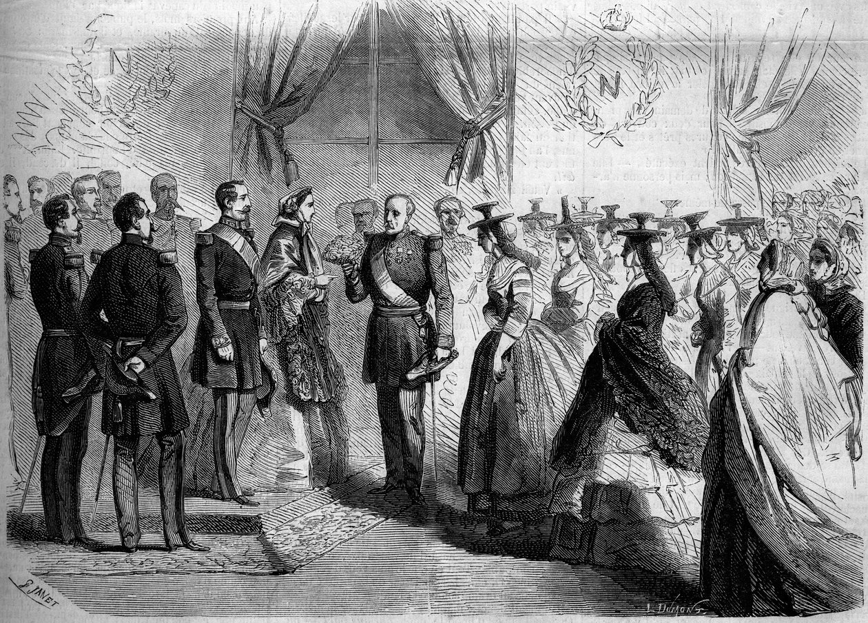 Präsentation an Napoleon III (1808-1873) und Kaiserin Eugenie (1826-1920) von zwölf Maconnaises in Landestracht. Mâcon, Saône-et-Loire (71) von French School