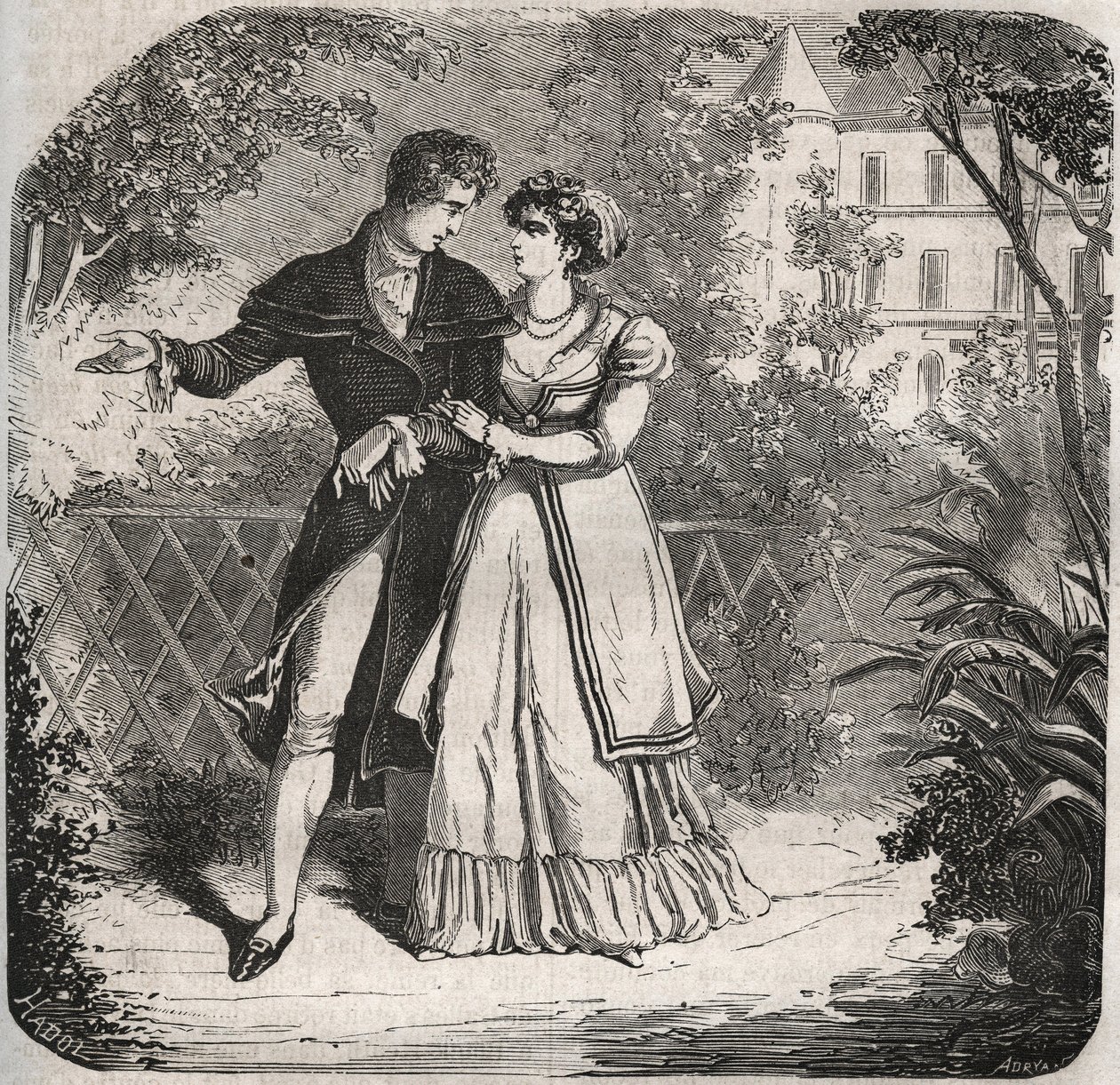 Prinzessin von Wales Carolina von Braunschweig (1768-1821) spaziert mit ihrem Liebhaber Bartolomeo Bergami. Gravur von 1871 in „Histoire Des Cocus Célèbres“ von Henry de Kock (1819-1892). von French School