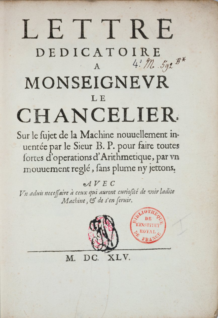 Gedruckter Widmungsbrief über die Erfindung der Rechenmaschine von Blaise Pascal (1623-62) 1645 von French School