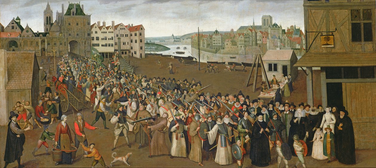 Prozession der Heiligen Liga auf dem Place de Grève, verlässt den Saint-Jean-Bogen, Paris, 1590-3 von French School