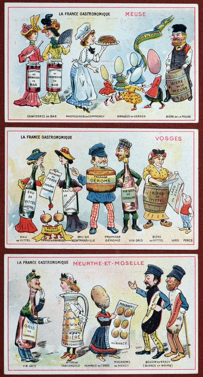 Werbe- und Bildungskarten für Kinder, die Lebensmittelspezialitäten der Region Lothringen darstellen, ca. 1910 von French School