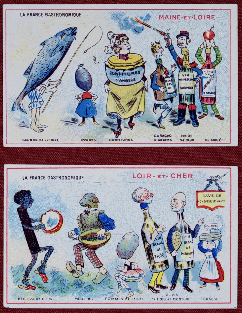 Werbe- und Bildungskarten für Kinder, die Lebensmittelspezialitäten der Regionen Maine-et-Loire und Loir-et-Cher darstellen, ca. 1910 von French School