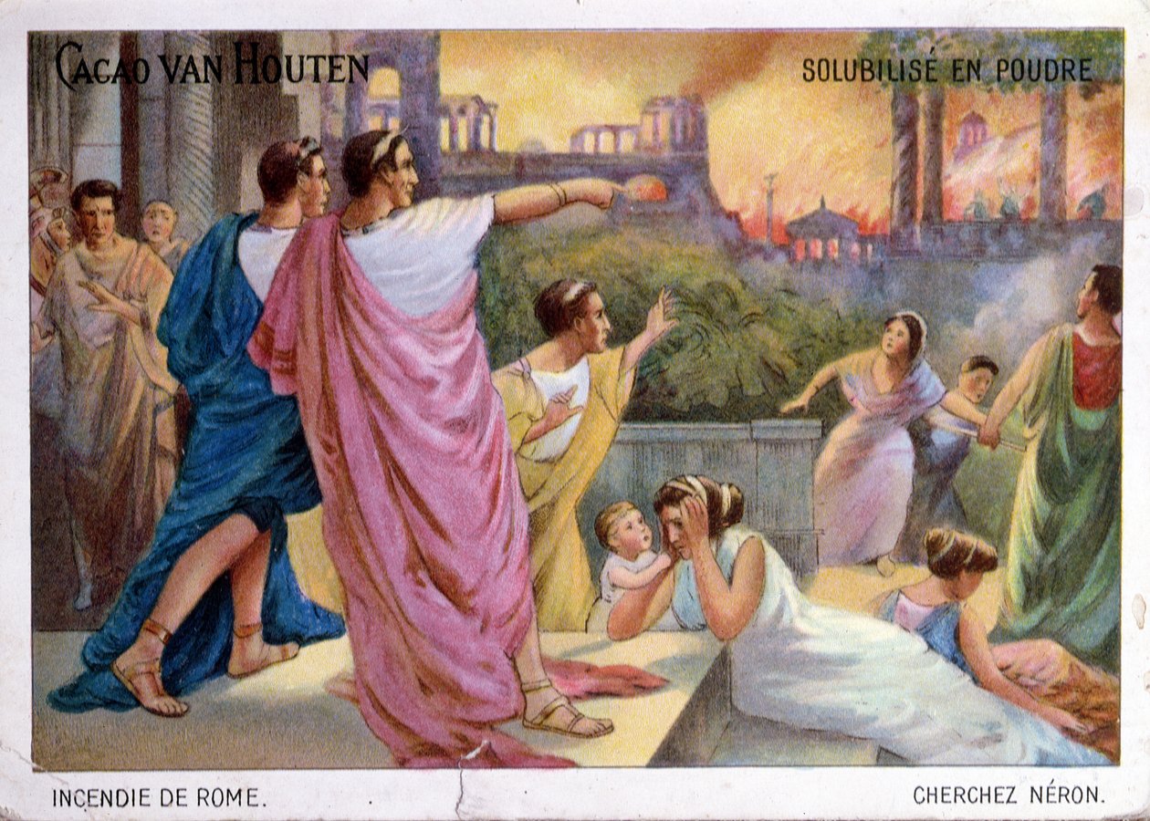 Werbekarte für Cacao van Houten Trinkschokolade, die das Brennen Roms im Jahr 64 n. Chr. illustriert, ca. 1910 von French School