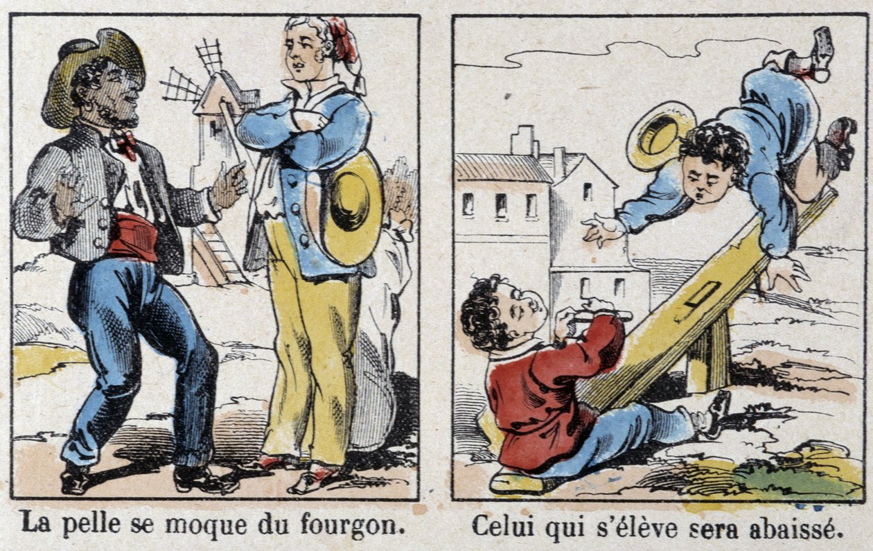 Sprichwort im Bild von Epinal: „die Schaufel verspottet den Wagen“, „Wer sich erhebt, wird erniedrigt“ von French School