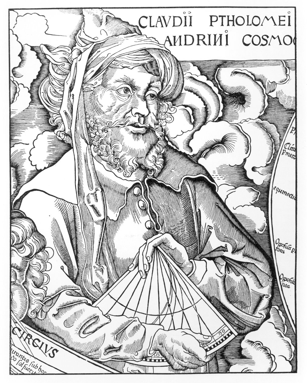 Ptolemäus (Claudius Ptolemaeus) (ca. 90-168) hält einen Sextanten von French School