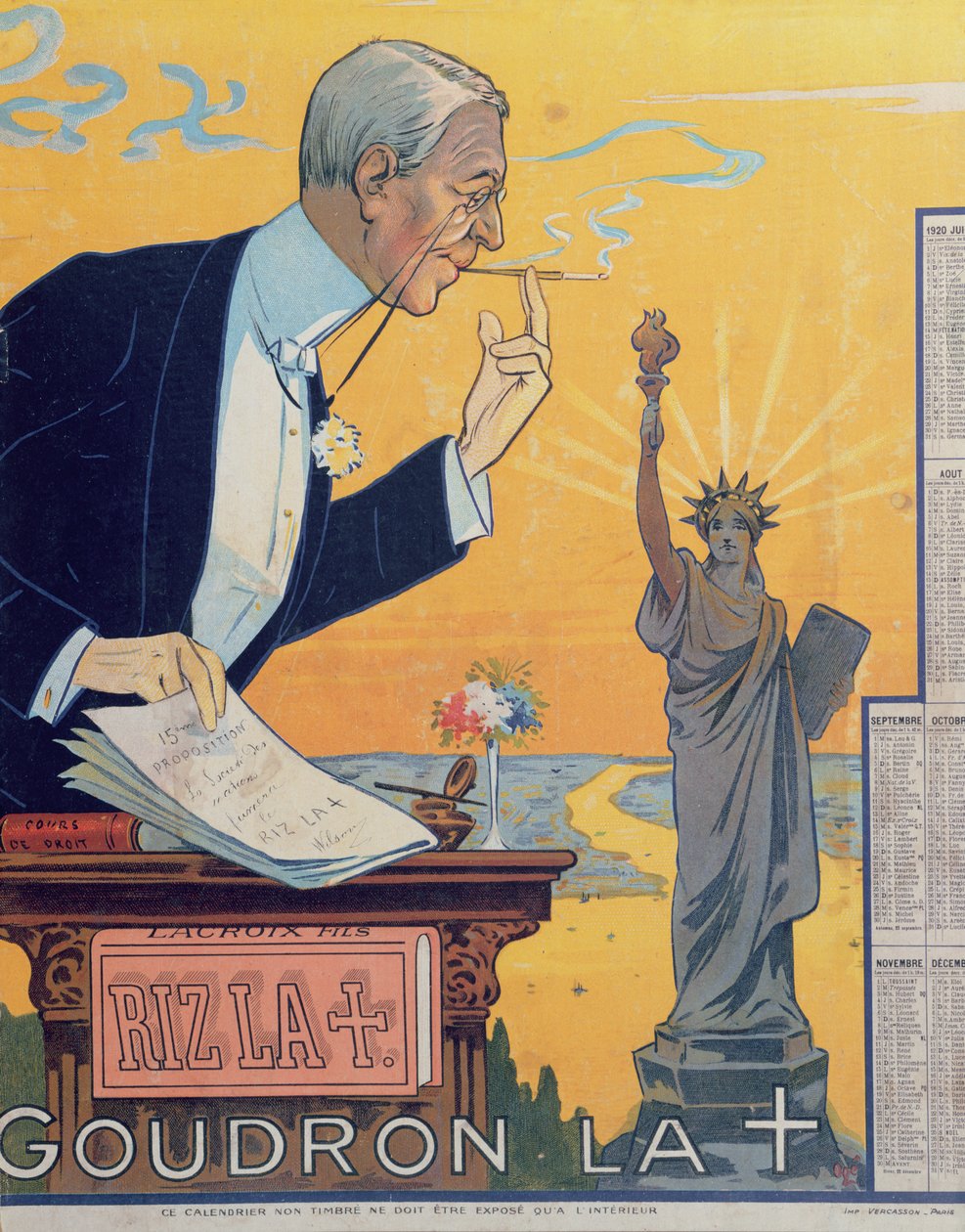 Werbekalender für den Zigarettenpapierhersteller Rizla, der Präsident Woodrow Wilson und den 15. Vorschlag für den Völkerbund zeigt, 1920 von French School