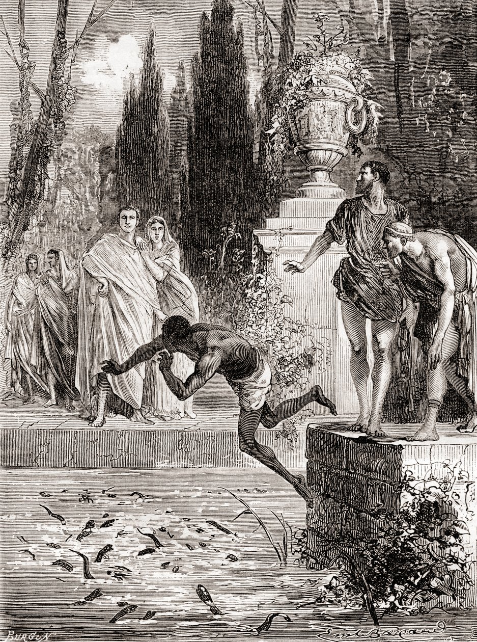 Publius Vedius Pollio, römischer Ritter, füttert einen Sklaven seinen Muränen, aus Les Merveilles de la Science, veröffentlicht ca. 1870 von French School