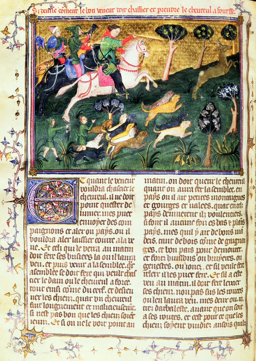 Verfolgung eines Rehbocks, aus Livre de la Chasse, Originaltext geschrieben von Gaston III, Comte de Foix Phebus le Chasseur (1331-91) Avignon, 1387-89 von French School