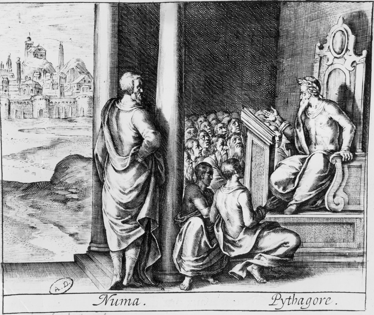 Pythagoras (ca. 570-480 v. Chr.) unterrichtet eine Klasse von Schülern, Illustration aus Ovids Metamorphosen von French School