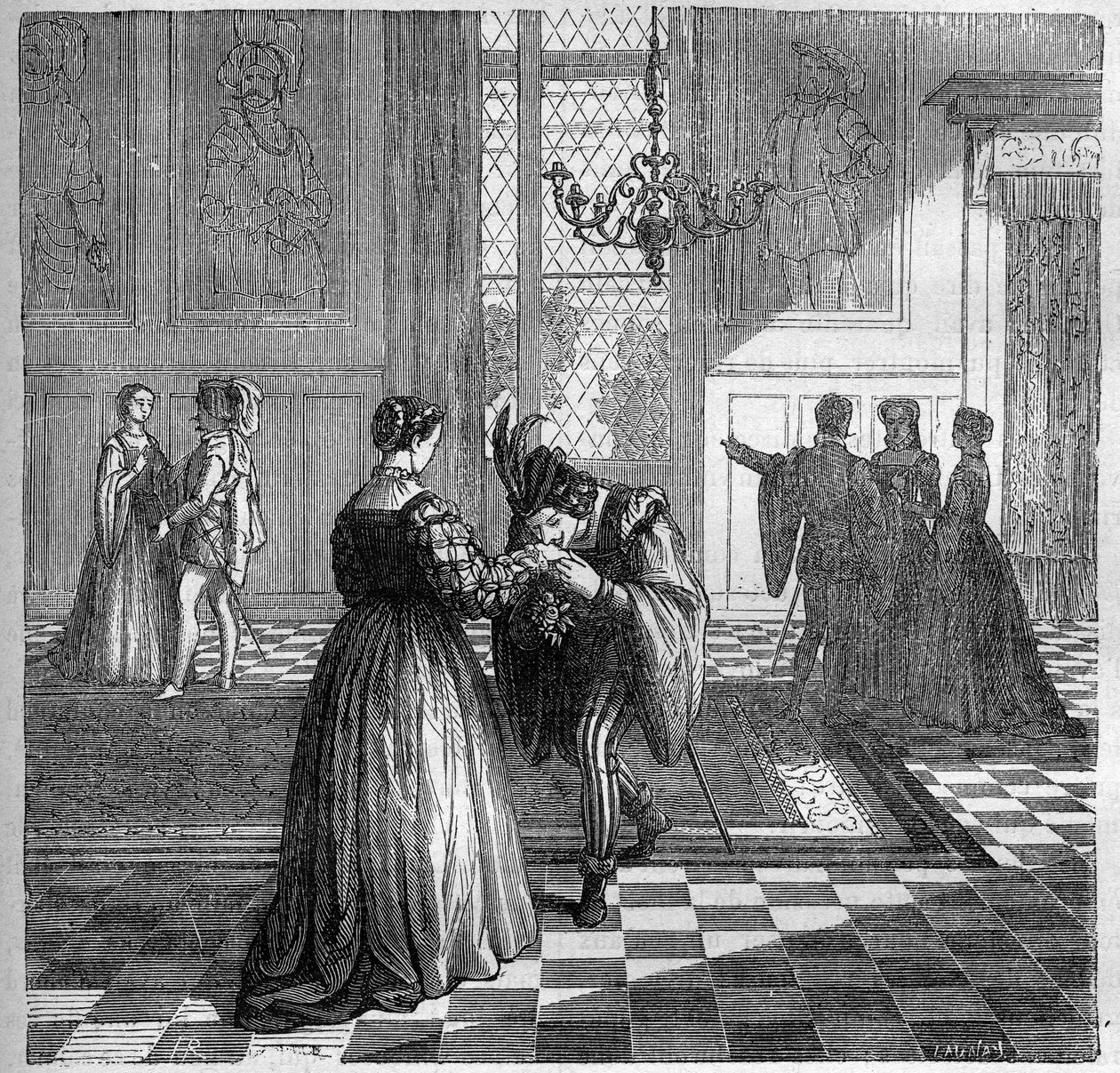 Königin Margarete von Navarra (1492-1549) trifft Pomini. Gravur in „Die Geschichte der Prostitution und Ausschweifung unter allen Völkern der Welt von der Antike bis zur Gegenwart“ von Dr. Th. -F. Debray. 1879. von French School