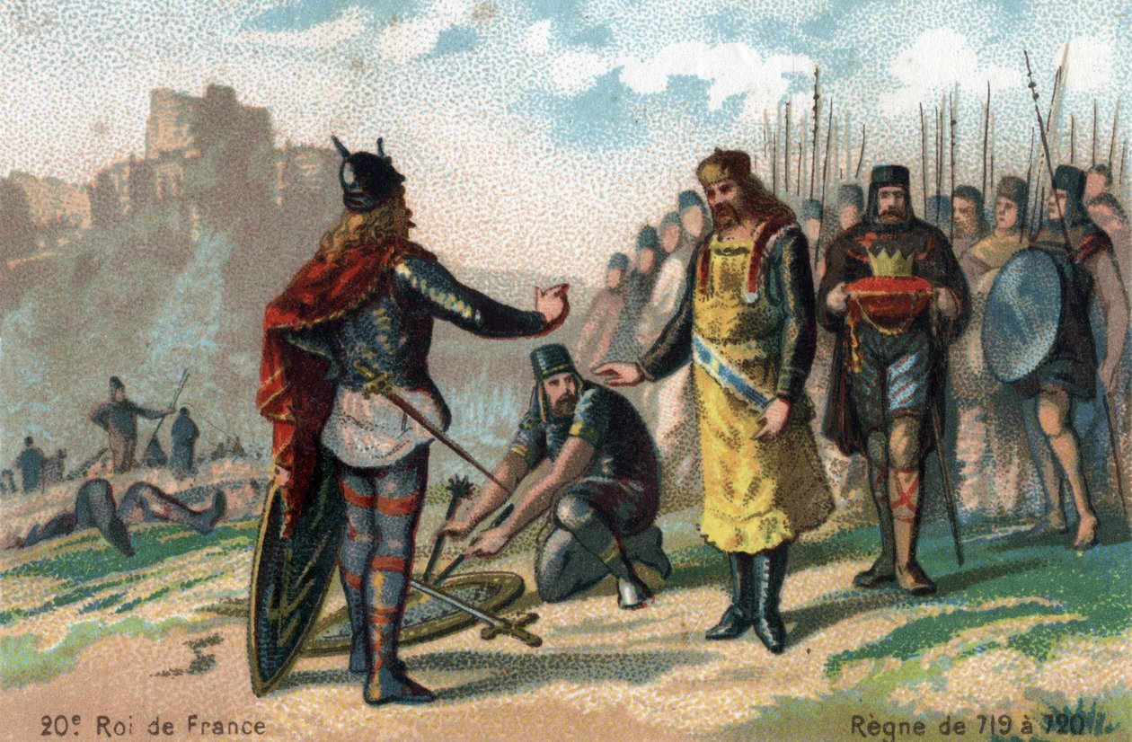 Rainfroy, Belagerung durch Karl Martell in Angers, Chromolithographie um 1890 von French School