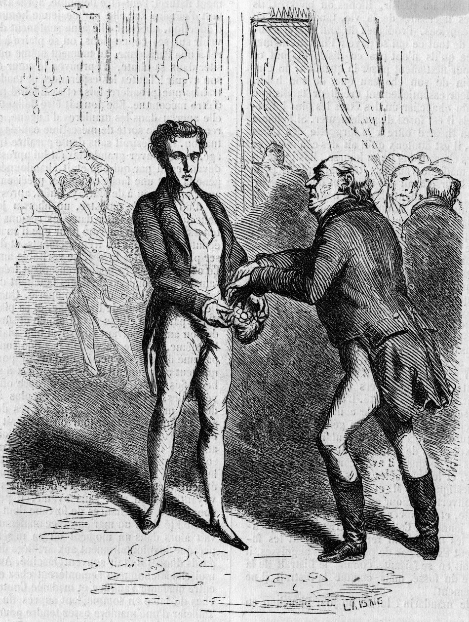 Rastignac schwindelig lässt den weißhaarigen Mann zehn Louis nehmen. Gravur Mitte des 19. Jahrhunderts. Illustration für „Der Vater Goriot“ von Honore de Balzac (1799-1850). von French School