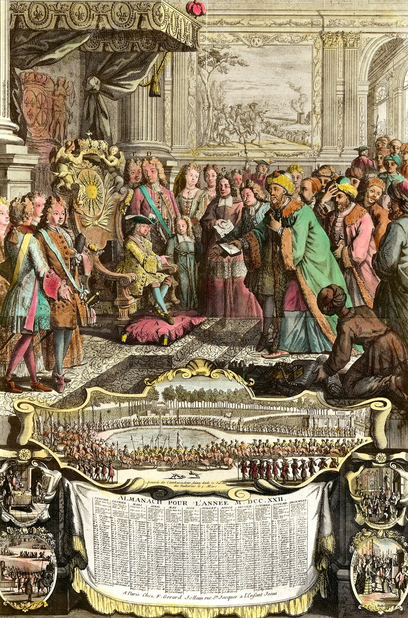 Empfang von Mehemet Effendi, türkischer Botschafter des großen Sultans Achmet, durch Ludwig XV. am 21. März 1721 in den Tuilerien. Gravur des 18. Jahrhunderts. Private Sammlung. von French School