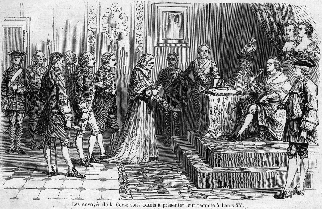 Empfang der korsischen Abordnung durch König Ludwig XV. (1710-1774) im Jahr 1769. Die Gesandten bitten darum, die Insel an Frankreich anzuschließen. von French School