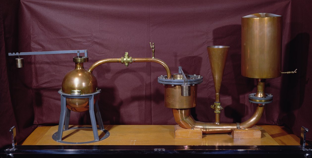 Rekonstruktion einer von Denis Papin (1647-1712) erfundenen Dampfdruckmaschine (Kupfer) von French School