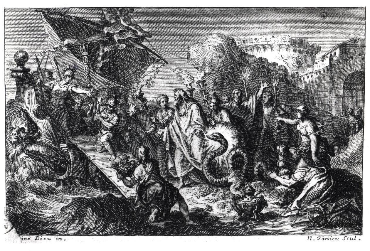 Reinkarnation des Asklepios als Schlange zur Zeit der Ankunft seines Kultes in Rom aus Griechenland im Jahr 293 v. Chr. von French School