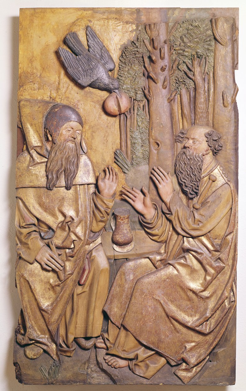 Relief, das St. Antonius zeigt, wie er St. Paul in der Wüste besucht, aus der Kapelle des alten Krankenhauses in Colmar von French School