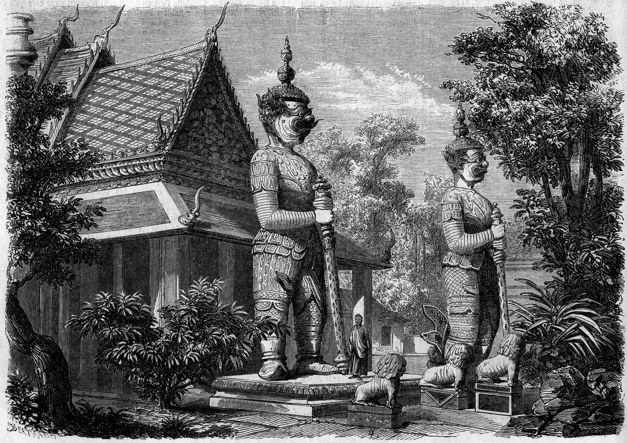 Religiöse Architektur: Außenansicht einer Pagode in Bangkok (Siam) im Jahr 1861. Gravur in „Le Monde Illustré“ Nr. 223 vom 20. Juli 1861 von French School