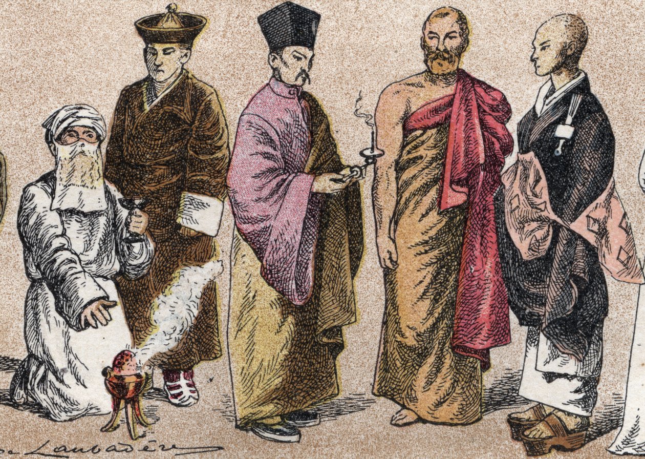 Religiöse Kostüme Asiens: Porträt eines Parsi-Priesters, Lama, chinesischer buddhistischer Priester, Ceylon-Bonze und japanischer buddhistischer Priester von French School