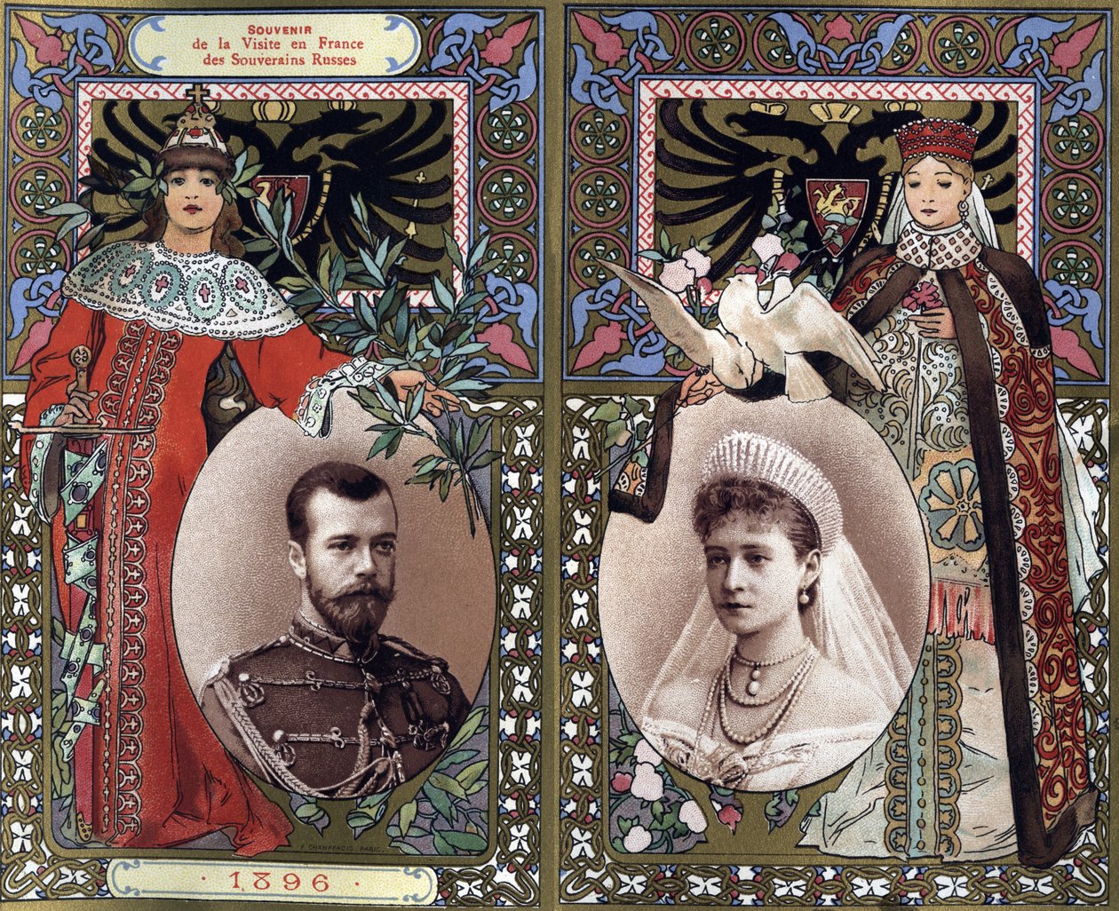 Erinnerung an den Besuch der russischen Herrscher Nikolaus II. (1868-1918) und Zarin Alexandra (Alice von Hessen) Feodorovna in Frankreich im Jahr 1896. Chromolithographie Ende des 19. Jahrhunderts. von French School