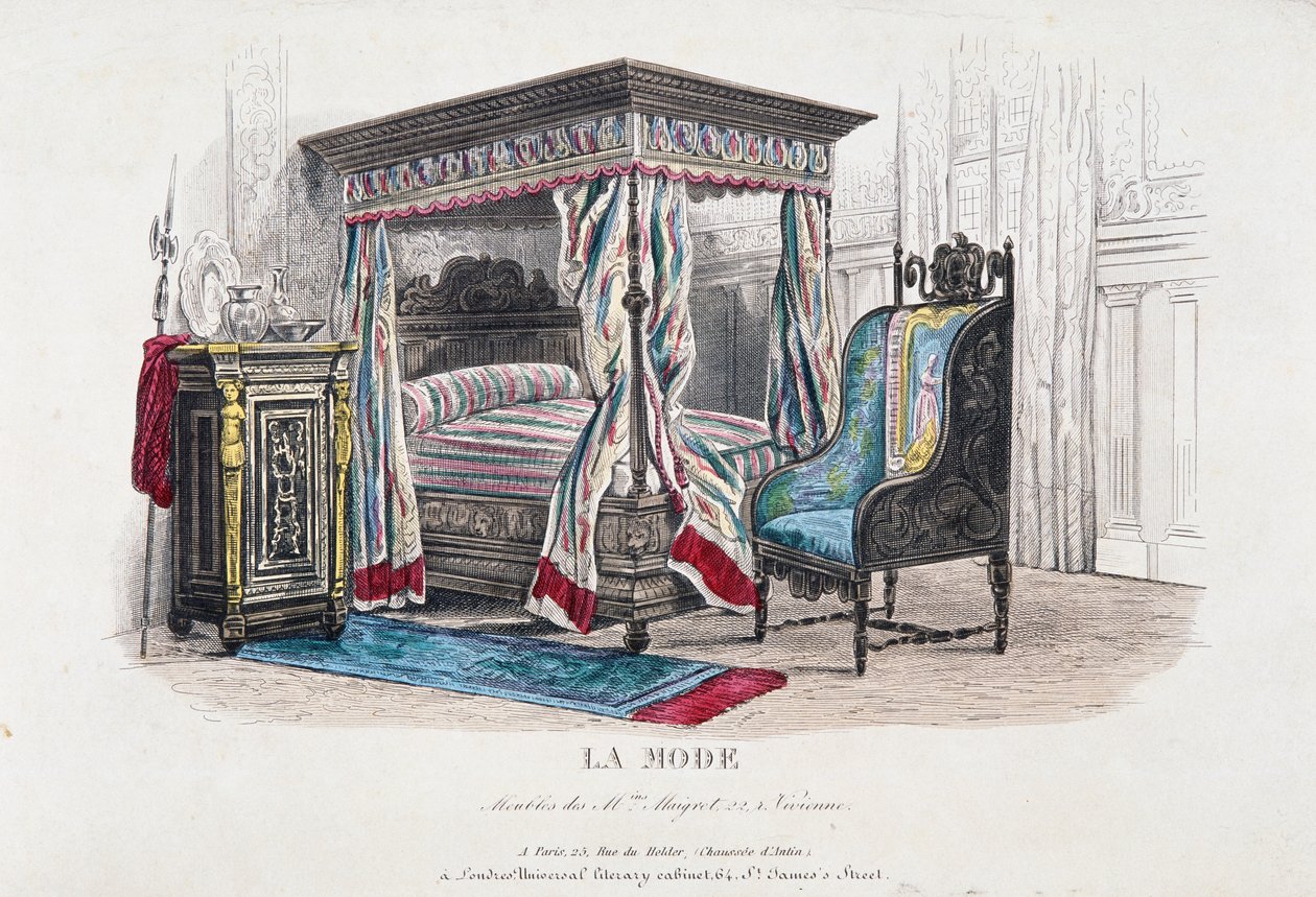 Renaissance-Stil-Interieur, überarbeitet und interpretiert im Geschmack der Napoleon-III-Ära, Gravur aus der Zeitschrift La Mode, Frankreich von French School