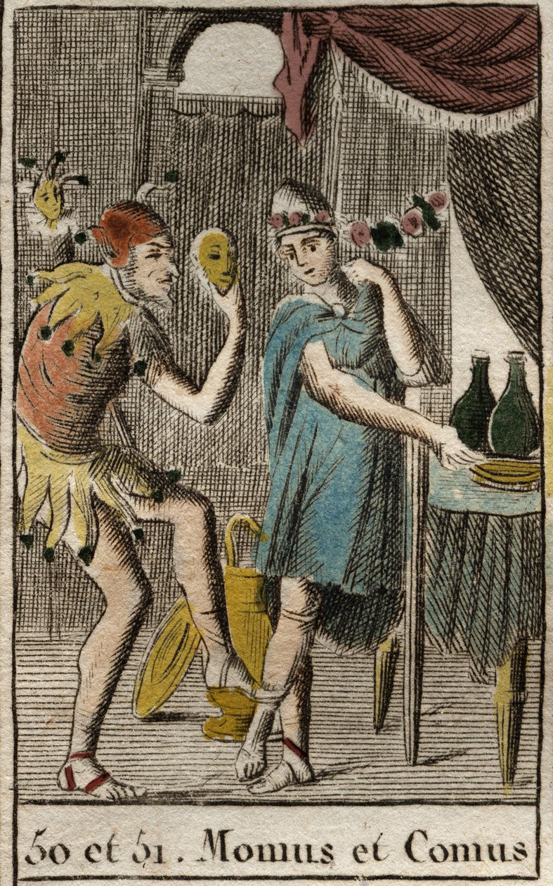 Darstellung von Komus, Gott der Gourmets und der Küche, er leitet Feste, dargestellt lehnt er sich an einen Pfahl mit einer Fackel und Momos, Personifikation des Spottes und Sarkasmus, dargestellt als Hofnarr. Aus 