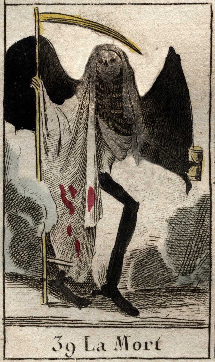 Darstellung des Todes, Skelett in Schwarz gekleidet und geflügelt, er hält eine große Sense. Aus „Mythologie de la jeunesse“ von Pierre Blanchard 1803. von French School