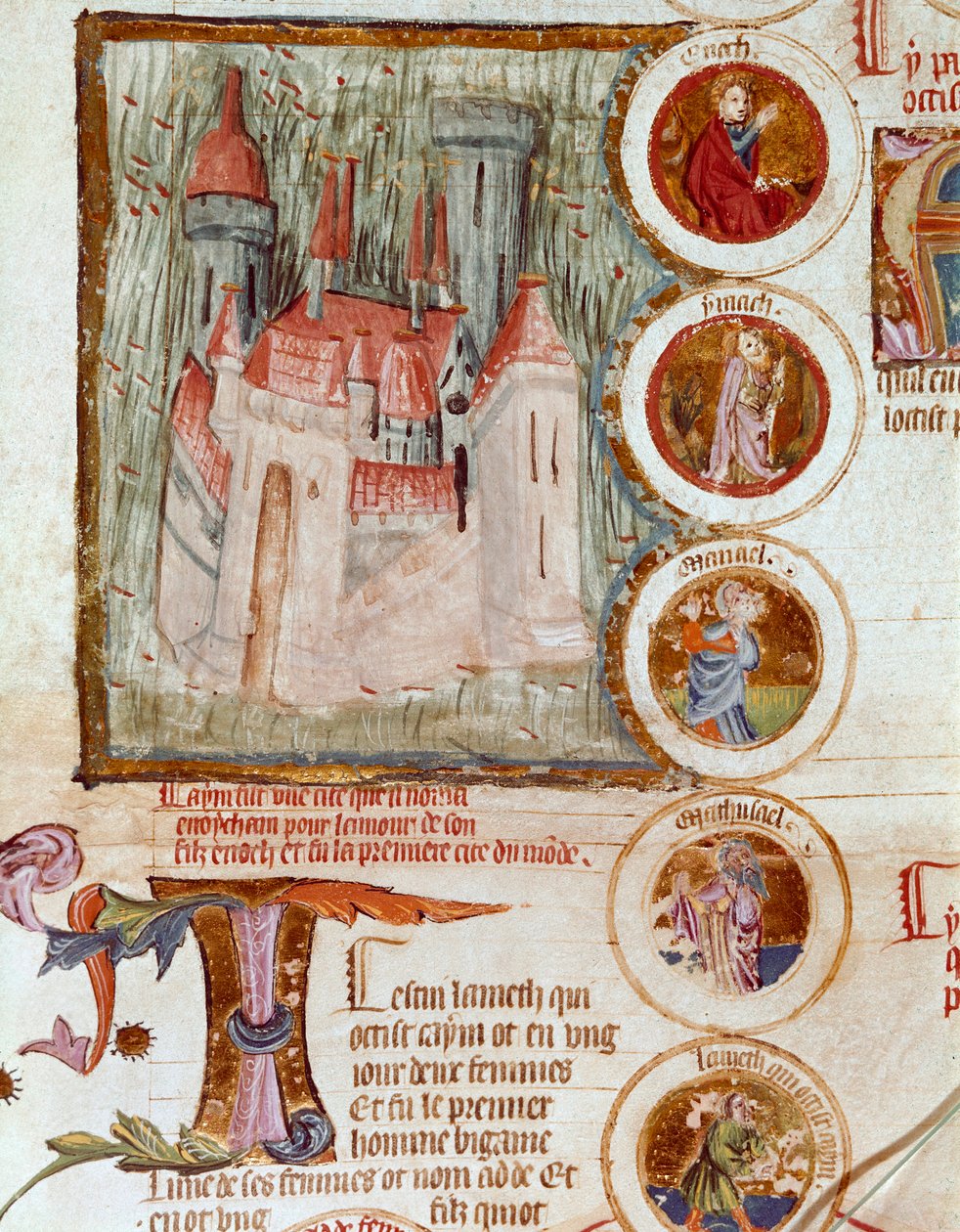 Darstellung von Enocham, erste Stadt der Welt, gegründet von Yared (Jared) zu Ehren seines Sohnes Enoch. Seite aus dem Manuskript „Genealogie der Bibel“ der französischen Schule. 14. Jahrhundert. Cremona, Biblioteca Governativa von French School