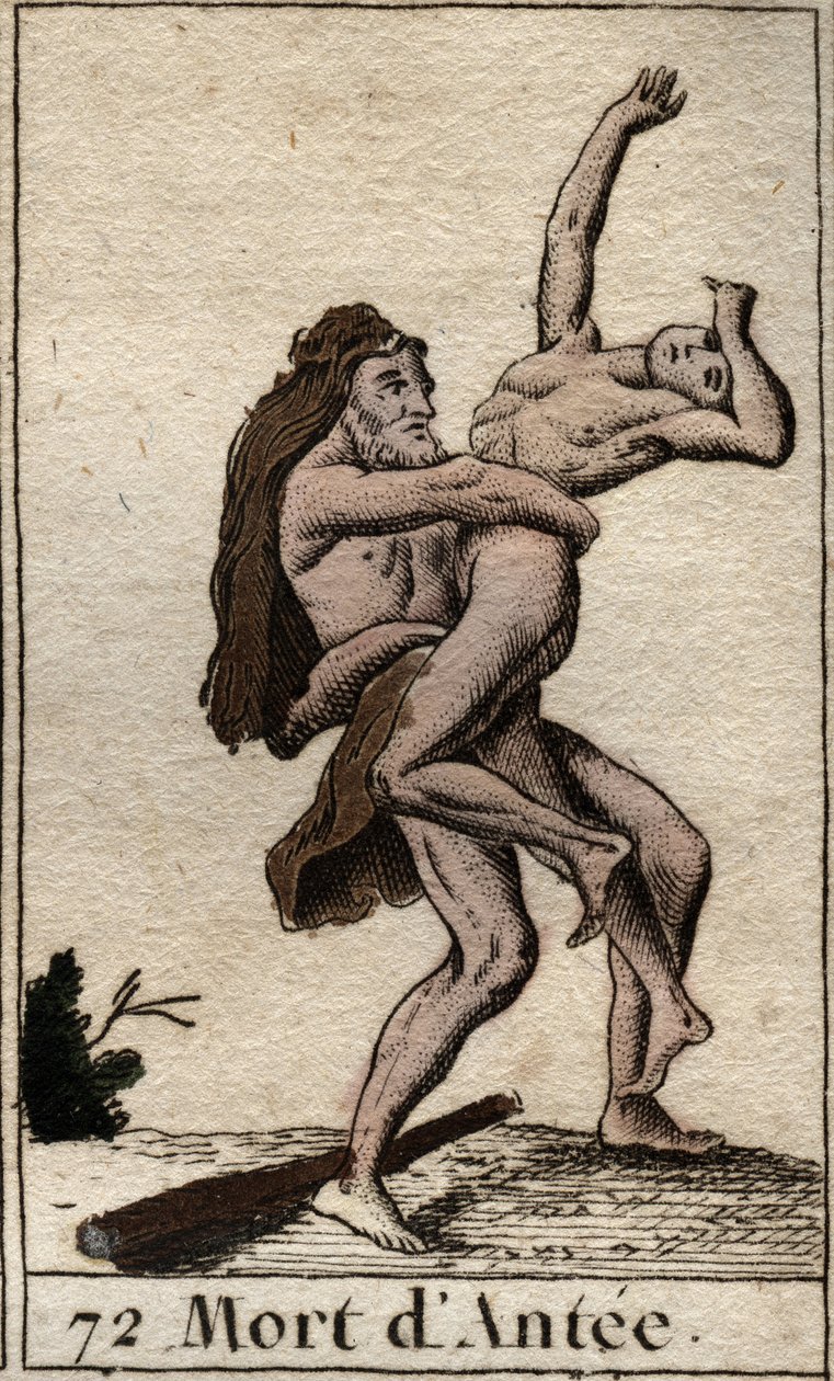 Darstellung von Herkules, der Ante, König von Libyen, besiegt (Herakles (Herkules) tötet Antäus mit einem Bärenumarmung). Aus „Mythologie der Jugend“ von Pierre Blanchard 1803. von French School