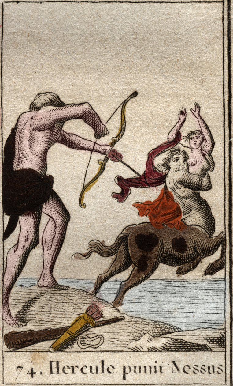 Darstellung von Herkules, der einen vergifteten Pfeil auf den Zentauren Nessus abschießt, der versucht, seine Frau Deianira zu entführen. Aus „Mythologie der Jugend“ von Pierre Blanchard 1803 von French School