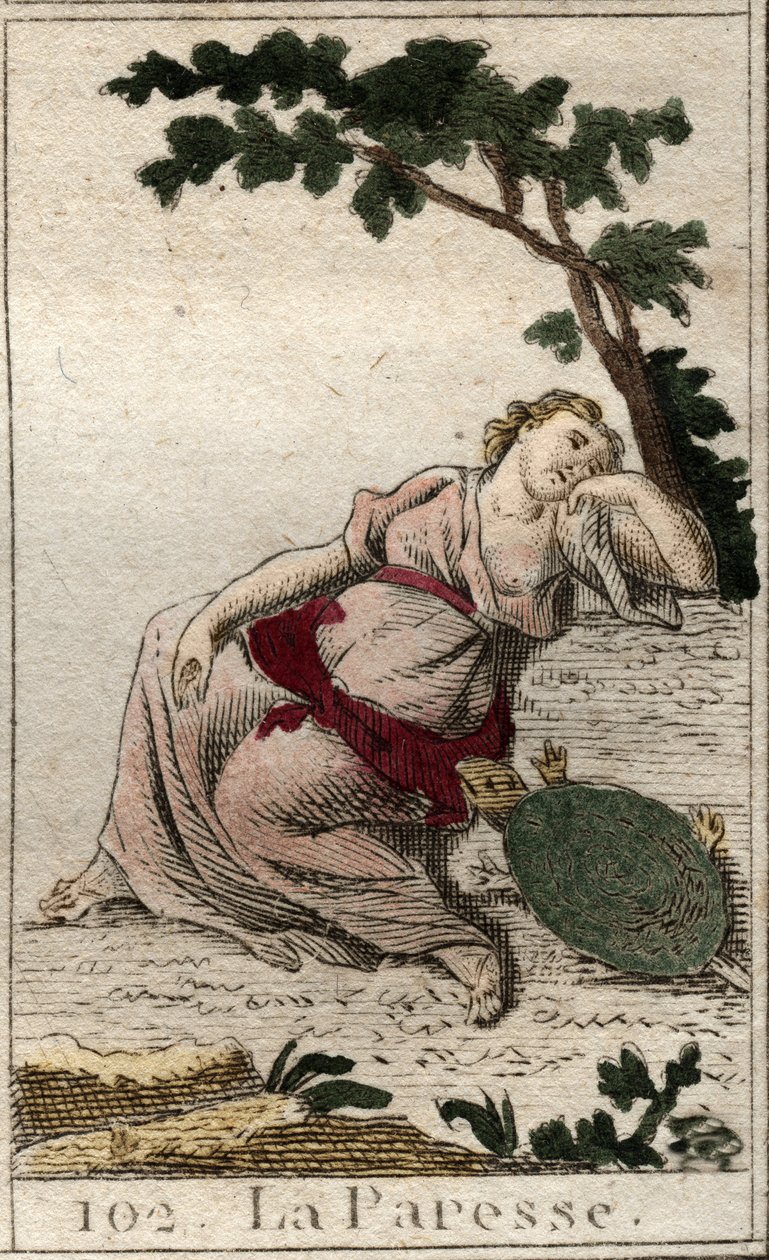 Darstellung der Faulheit, Tochter der Nacht und des Schlafes, als junger Mann mit einer Schildkröte. Aus „Mythologie der Jugend“ von Pierre Blanchard 1803 von French School
